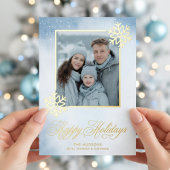 Watercolor Snowflake Blue Photo Happy Holidays 箔シーズンカード