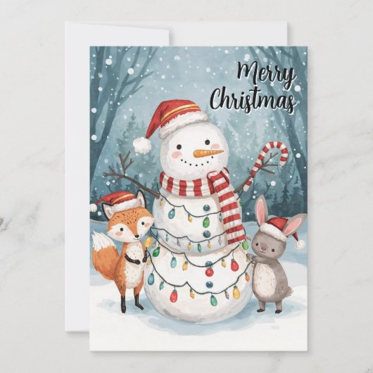 Watercolor Snowman Fox Bunny Woodland Christmas シーズンカード (正面)