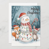 Watercolor Snowman Fox Bunny Woodland Christmas シーズンカード (正面/裏面)