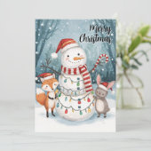 Watercolor Snowman Fox Bunny Woodland Christmas シーズンカード (スタンド正面)