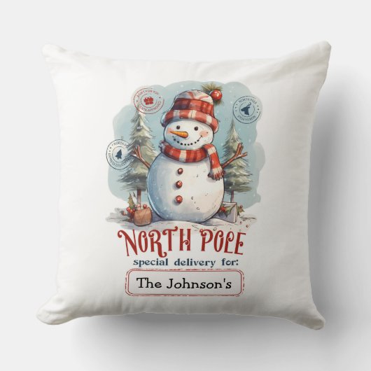 Watercolor Snowman Throw Pillow クッション (正面)
