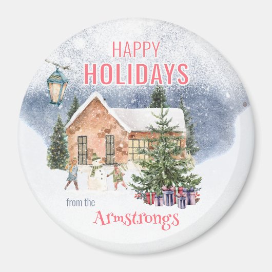 Watercolor Snowman Winter Scene Keepsake マグネット (正面)