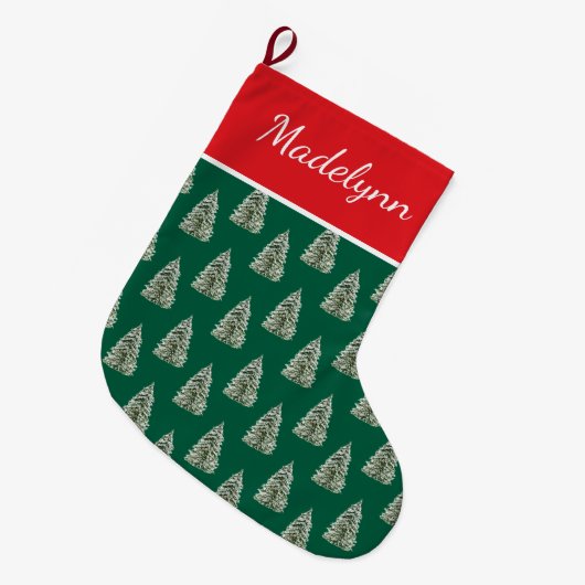 Watercolor Snowy Christmas Tree Pattern ラージクリスマスストッキング (正面 (吊り時))