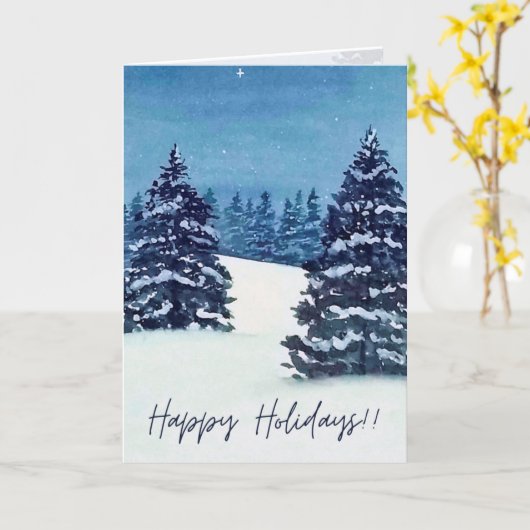 Watercolor snowy trees, Folded Holiday Card カード (黄色い花)