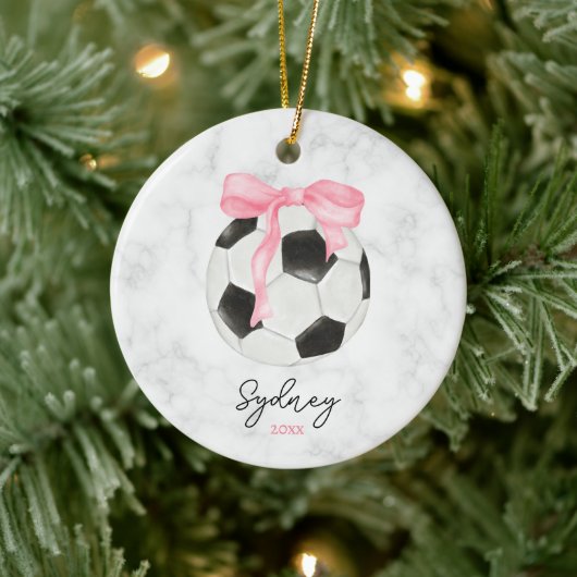 Watercolor Soccer Ball and Pink Grandmillenial Bow セラミックオーナメント (ツリー)
