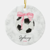 Watercolor Soccer Ball and Pink Grandmillenial Bow セラミックオーナメント (正面)