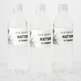 Watercolor Soccer Birthday Party Water Bottle Blue ペットボトルラベル