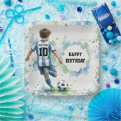 Watercolor Soccer Boy Birthday Blue ペーパープレート (パーティー)