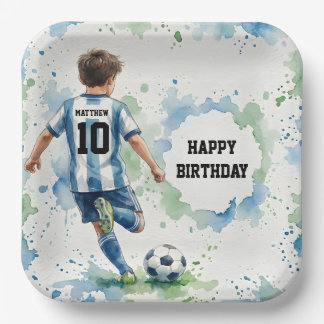 Watercolor Soccer Boy Birthday Blue ペーパープレート