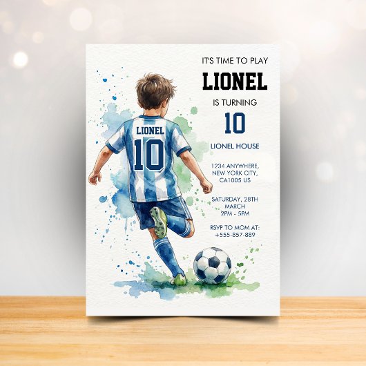 Watercolor Soccer Boy's Birthday Party Invitation 招待状