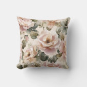 Watercolor Soft Pink Rose Beige Floral Pattern クッション (正面)