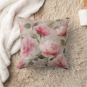 Watercolor Soft Pink Rose Beige Floral Pattern クッション (ブランケット)
