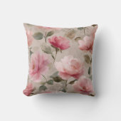 Watercolor Soft Pink Rose Beige Floral Pattern クッション (正面)