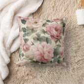 Watercolor Soft Pink Rose Beige Floral Pattern クッション (ブランケット)