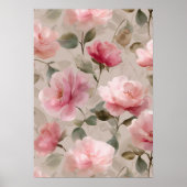 Watercolor Soft Pink Rose Beige Floral Pattern ポスター (正面)