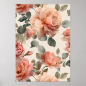Watercolor Soft Pink Rose Beige Floral Pattern ポスター (正面)