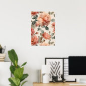 Watercolor Soft Pink Rose Beige Floral Pattern ポスター (ホームオフィス)