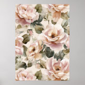 Watercolor Soft Pink Rose Beige Floral Pattern ポスター (正面)