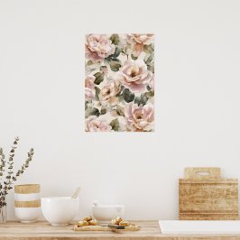 Watercolor Soft Pink Rose Beige Floral Pattern ポスター
