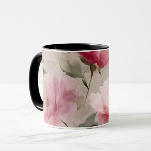 Watercolor Soft Pink Rose Beige Floral Pattern マグカップ (正面左)