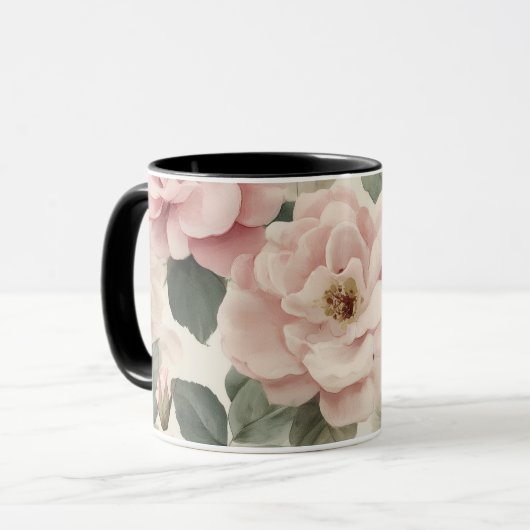 Watercolor Soft Pink Rose Beige Floral Pattern マグカップ (正面左)