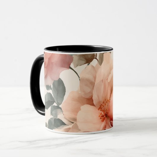 Watercolor Soft Pink Rose Beige Floral Pattern マグカップ (正面左)