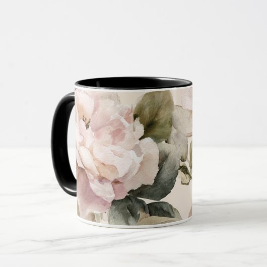 Watercolor Soft Pink Rose Beige Floral Pattern マグカップ (正面左)