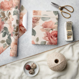 Watercolor Soft Pink Rose Beige Floral Pattern ラッピングペーパー
