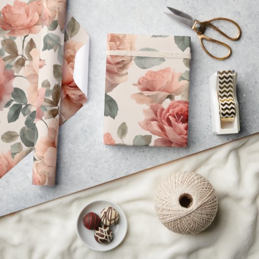 Watercolor Soft Pink Rose Beige Floral Pattern ラッピングペーパー (クラフト)