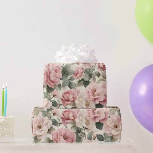 Watercolor Soft Pink Rose Beige Floral Pattern ラッピングペーパー (パーティーギフト)