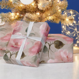 Watercolor Soft Pink Rose Beige Floral Pattern ラッピングペーパー