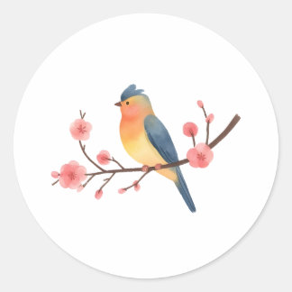 Watercolor Songbird on Pink Cherry Blossom Branch  ラウンドシール