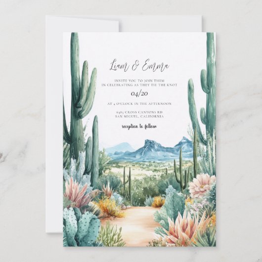 Watercolor Southwestern Desert and Cactus Wedding  招待状 (正面)