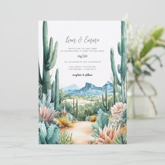 Watercolor Southwestern Desert and Cactus Wedding  招待状 (スタンド正面)