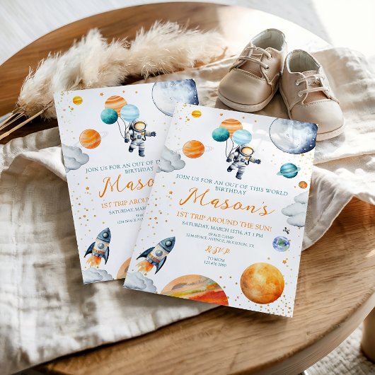 Watercolor Space Astronaut 1st Birthday 招待状