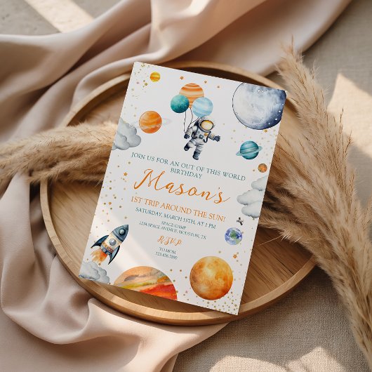 Watercolor Space Astronaut 1st Birthday 招待状