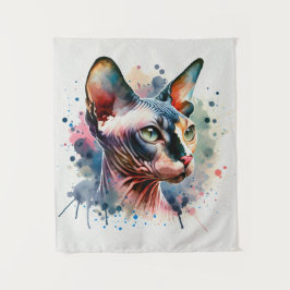 Watercolor Sphynx Cat Artistic Portrait タペストリー