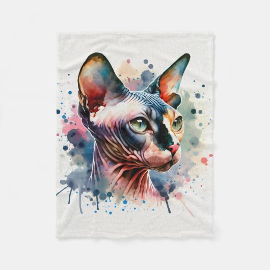 Watercolor Sphynx Cat Artistic Portrait フリースブランケット (正面)