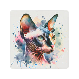 Watercolor Sphynx Cat Artistic Portrait メタルプリント
