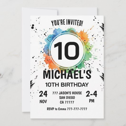 Watercolor Splash Boy 10th Birthday 招待状 (正面)