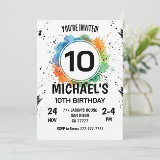 Watercolor Splash Boy 10th Birthday 招待状