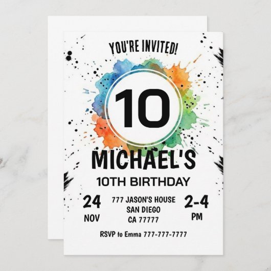 Watercolor Splash Boy 10th Birthday 招待状 (正面/裏面)
