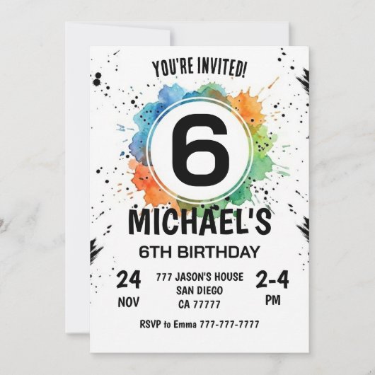 Watercolor Splash Boy 6th Birthday 招待状 (正面)