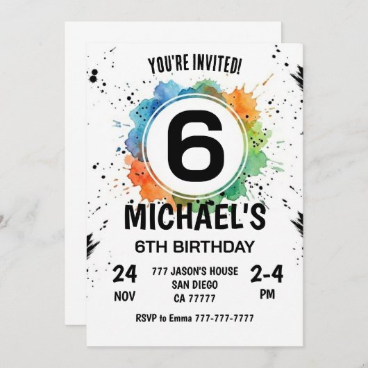 Watercolor Splash Boy 6th Birthday 招待状 (正面/裏面)