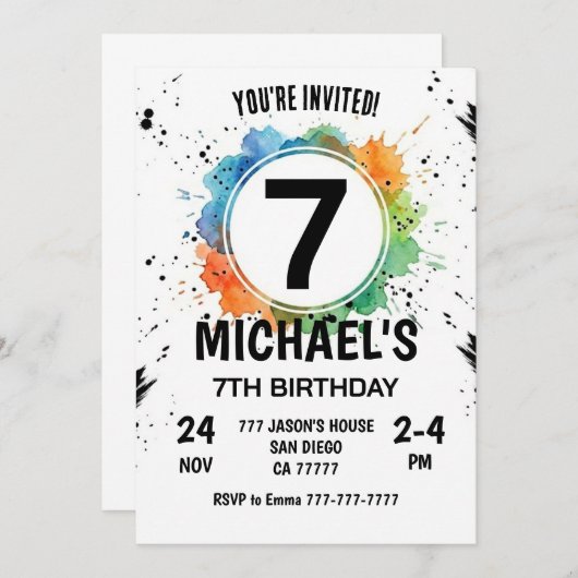 Watercolor Splash Boy 7th Birthday 招待状 (正面/裏面)