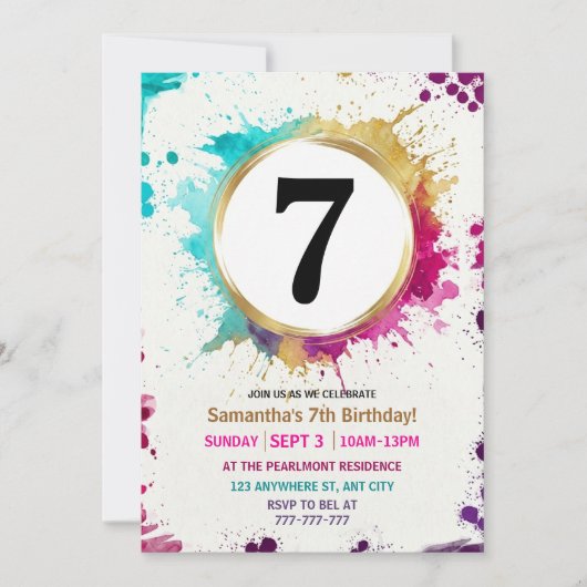 Watercolor Splash Boy 7th Birthday Party 招待状 (正面)