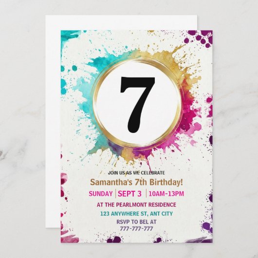 Watercolor Splash Boy 7th Birthday Party 招待状 (正面/裏面)