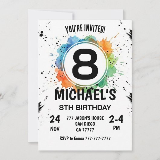 Watercolor Splash Boy 8th Birthday 招待状 (正面)