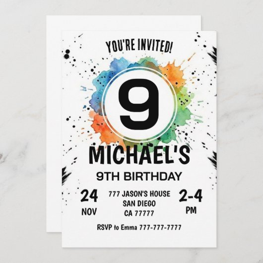 Watercolor Splash Boy 9th Birthday 招待状 (正面/裏面)