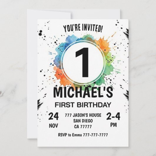 Watercolor Splash Boy First Birthday 招待状 (正面)